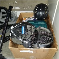 BOX LOT OF SPORT HELMETS, SHARK VACUUM, AND GREEN FISHING BOX