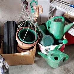 LARGE LOT OF HANGING BASKET PLANTERS, TRAYS, AND WATERING CANS