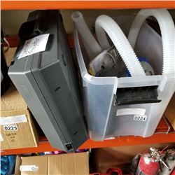 PLASTIC TOTE W/ POOL PUMP AND OVERHEAD PROJECTOR