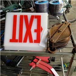 EXIT SIGNS AND PULLEY BLOCK