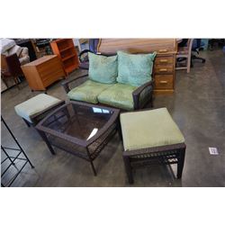 ALUMINUM FRAME WICKER LOVESEAT, FOOTSTOOLS AND COFFEE TABLE SET