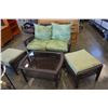 Image 2 : ALUMINUM FRAME WICKER LOVESEAT, FOOTSTOOLS AND COFFEE TABLE SET