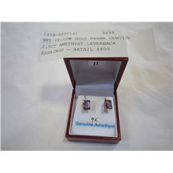 9KT YELLOW GOLD 8x6mm GENUINE 2.5CT AMETHYST LEVERBACK EARRINGS - RETAIL $400
