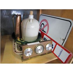 WHISKEY JUG, 3 METAL TRAYS AND COPPER JUG