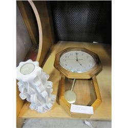 INGRAHAM WESTMINSTER CHIME WOOD CLOCK AND DECORATIVE CANDLE