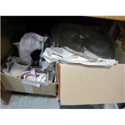 BOX OF CRYSTAL AND GLASSWARE AND CERAMIC CANNISTERS