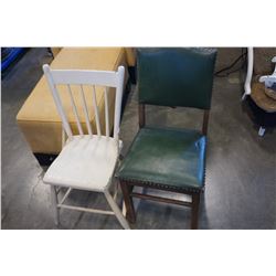 STUDDED GREEN CHAIR AND PAINTED WHITE CHAIR