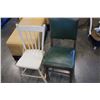 Image 1 : STUDDED GREEN CHAIR AND PAINTED WHITE CHAIR