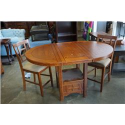 ASHLEY FLOOR MODEL MISSION OAK PUB HEIGHT TABLE WITH EXTENSION AND 2 STOOLS, RETAIL $1199