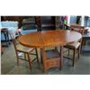 Image 1 : ASHLEY FLOOR MODEL MISSION OAK PUB HEIGHT TABLE WITH EXTENSION AND 2 STOOLS, RETAIL $1199