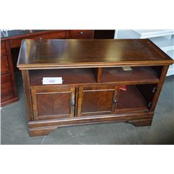 ASHLEY FLOOR MODEL TV STAND, MAHOGANY FINISH, MISSING DOOR, RETAIL $599