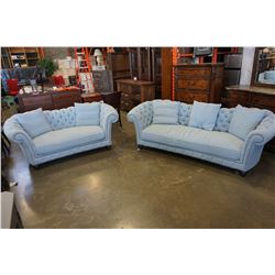 ASHLEY FLOOR MODEL TUFTED FABRIC SOFA AND LOVESEAT WITH 5 PILLOWS, RETAIL $2889