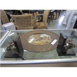 VINTAGE OAK FRAMED PICTURE AND SHIP BOOK-ENDS