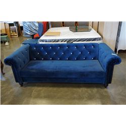 ASHLEY SIGNATURE BLUE VELVETY CLUB STYLE COUCH WITH TUFTED BACK AND NAIL HEAD ACCENTS, RETAIL $1999