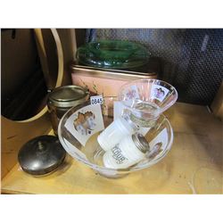 LOT OF GLASSWARE, URANIUM GLASS BOWL, ANTIQUE BISCUIT BARREL, LIDDED DISH
