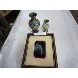 2 CLOISONNE VASES AND BIRD