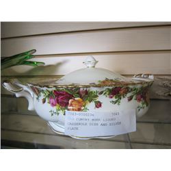 OLD CONTRY ROSE LIDDED CASSEROLE DISH AND SILVER PLATE