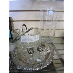 ICE BUCKET, SILVER PLATE, STERLING SALT AND PEPPER, AND ARTIST SIGNED VASE