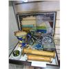 Image 1 : LOT OF LEADED GLASS, METAL BIKE, AND DISPLAY CASE