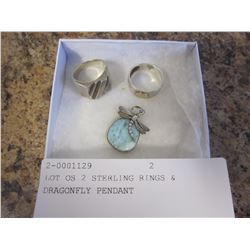 LOT OS 2 STERLING RINGS & DRAGONFLY PENDANT