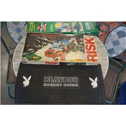 BAR MAT, VINTAGE RISK GAME WITH WOOD PIECES AND BATHROOM GOLF GAME