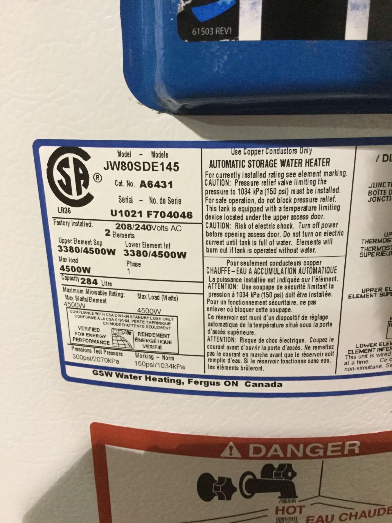 John Wood Pro Series Electric Hot Water Tank Model JW80SDE145