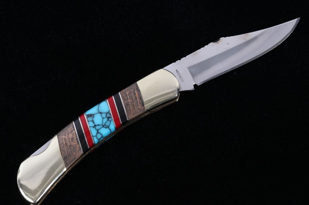 Navajo Turquoise Inlaid Buffalo Pocket Knife