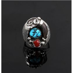 Signed Navajo Sterling Silver Turquoise Coral Ring