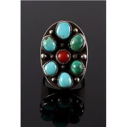 Navajo Turquoise, Coral & Silver Ring
