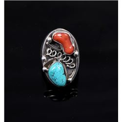 Navajo Silver Turquoise and Coral Ring