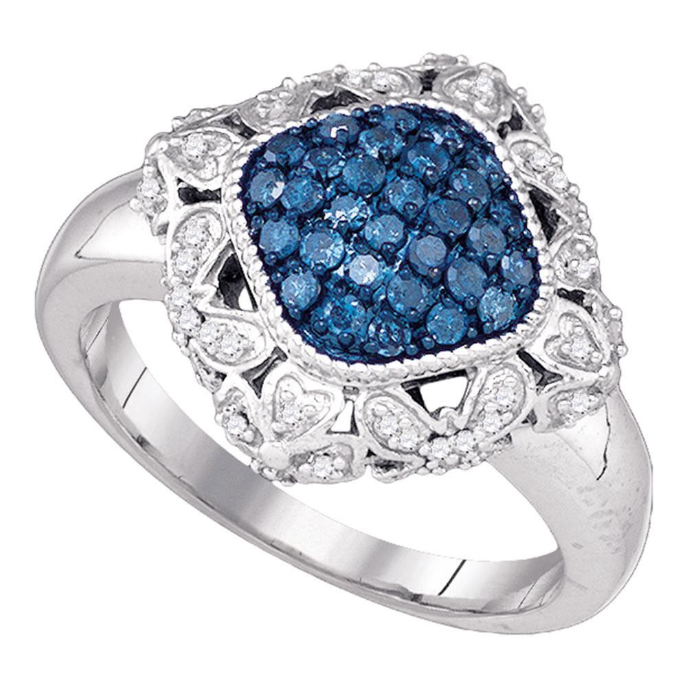0.50 CTW Blue Color Diamond Diagonal Square Cluster Ring 10KT White
