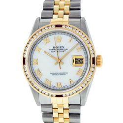 Rolex Mens 2 Tone 14K MOP Roman & Ruby Channel Set Diamond Datejust Wristwatch