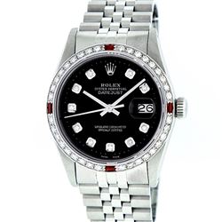 Rolex Mens Stainless Steel Black Diamond & Ruby 36MM Datejust Wristwatch