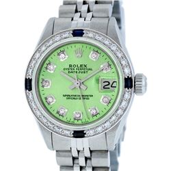 Rolex Ladies Stainless Steel Green Diamond & Sapphire Datejust Wristwatch