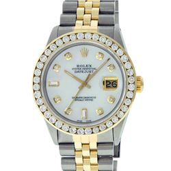 Rolex Mens 2 Tone Mother Of Pearl 3 ctw Channel Set Diamond Datejust Wristwatch