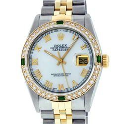 Rolex Mens 2 Tone 14K Mother Of Pearl Diamond & Emerald 36MM Datejust Wristwatch