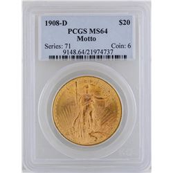 1908-D $20 St. Gaudens Double Eagle Gold Coin NGC MS64