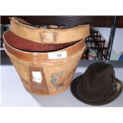 VINTAGE LEATHER HAT BOX WITH HAT