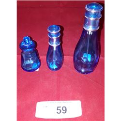 3 BLUE ART GLASS PERFUME BOTTLES