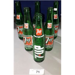 6 VINTAGE 7-UP GREEN GLASS POP BOTTLES