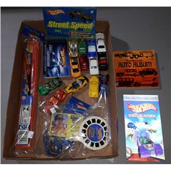 BOX OF ASSORTED HOT WHEELS, HOT WHEELS BOOKS, TRACK, MISC