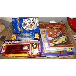 BOX LOT OF MISC VINTAGE HOT WHEELS COLOURING BOOKS, TOY CAR IN BOX, HOT WHEELS, ETC