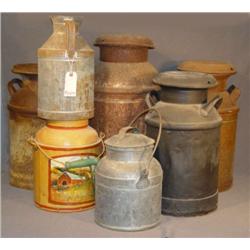 LOT 7 METAL MILK CANS, SOME RUSTY