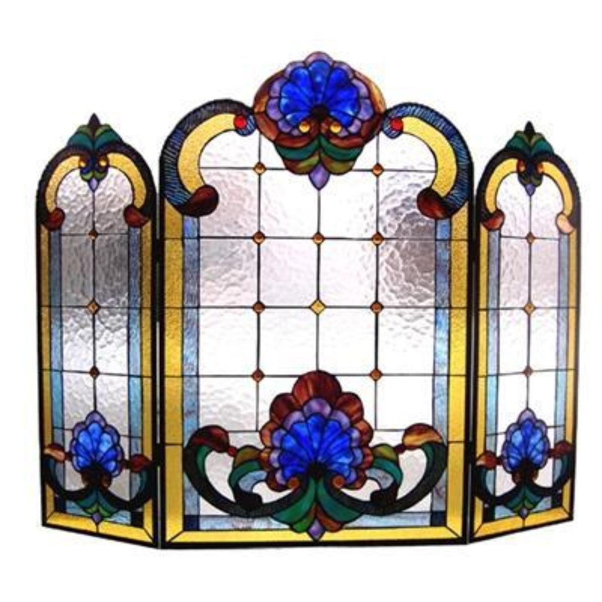 Tiffany Glass Victorian 3pcs Folding Fireplace Screen 40 Wide