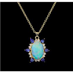 12.73 ctw Opal, Tanzanite and Diamond Pendant With Chain - 14KT Yellow Gold