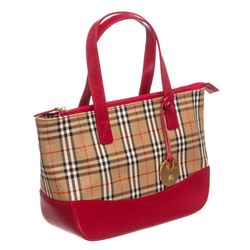 Burberry Tan Red Canvas Leather Haymarket Check Tote Bag