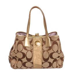 Coach Brown Monogram Canvas Gold Metallic Leather Trim Shoulder Handbag