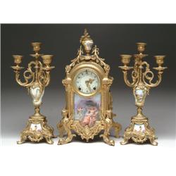 EXQUISITE PORCELAIN-MOUNTED THREE-PIECE CLOCK SET