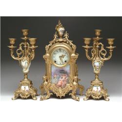 EXQUISITE PORCELAIN-MOUNTED THREE-PIECE CLOCK SET