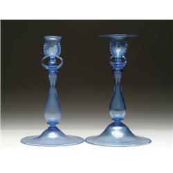 PAIR OF VENETIAN BLUE GLASS CANDLESTICKS